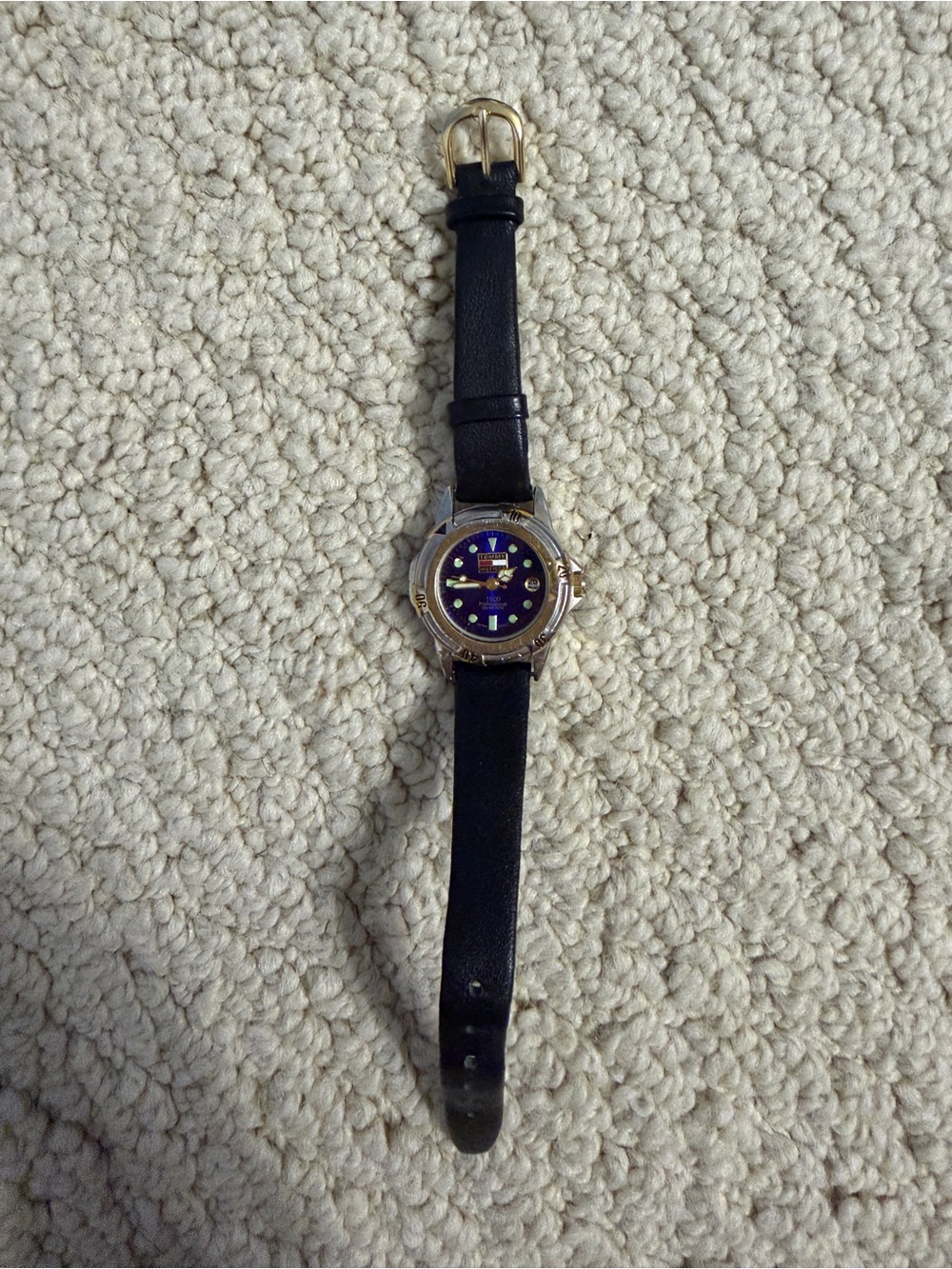 Tommy Hilfiger Black Leather Strap Watch with Blue Face and Gold Accents